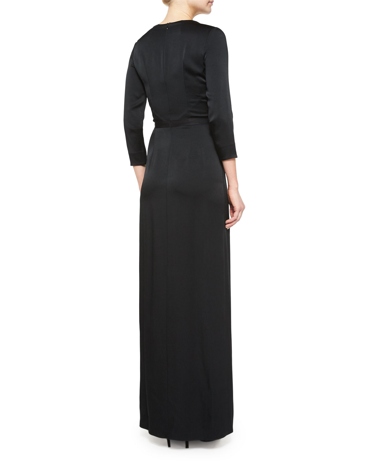 Crystal-Embellished 3/4-Sleeve Satin Gown, Black