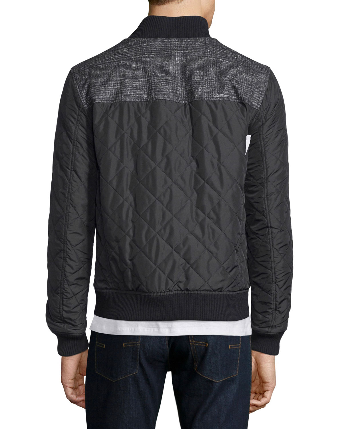 Reversible Leather Bomber Jacket W/Plaid Sleeves, Black