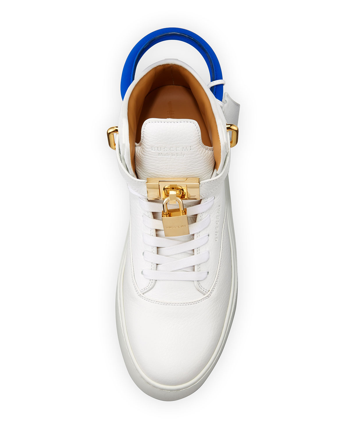 Men's 100mm Leather Mid-Top Sneaker, White Neon/Blue