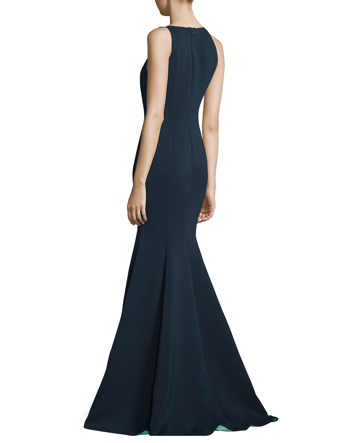 Embroidered Jewel-Neck High-Low Gown, Navy/Multi