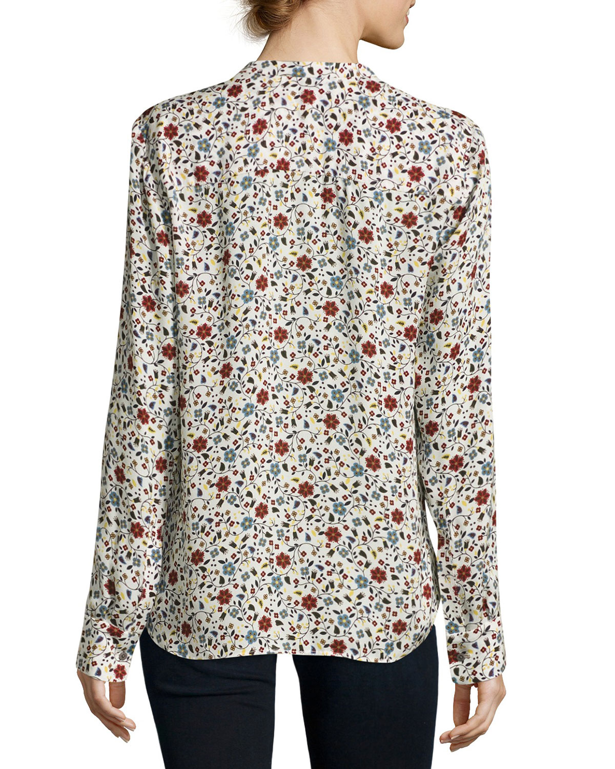 Rey Long-Sleeve Floral Silk Top, White/Multicolor