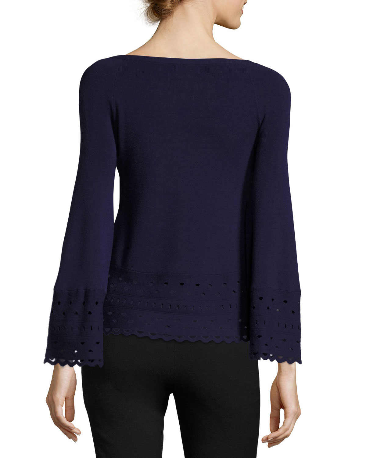 Diana Laser-Cut Long-Sleeve Top, Navy