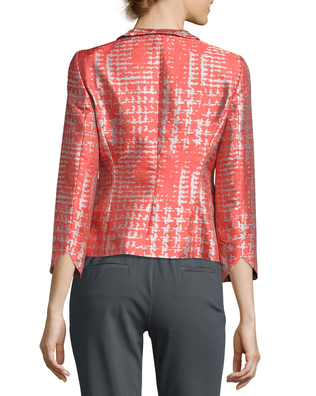 Basketweave Jacquard 3/4-Sleeve Jacket, Coral/Multi