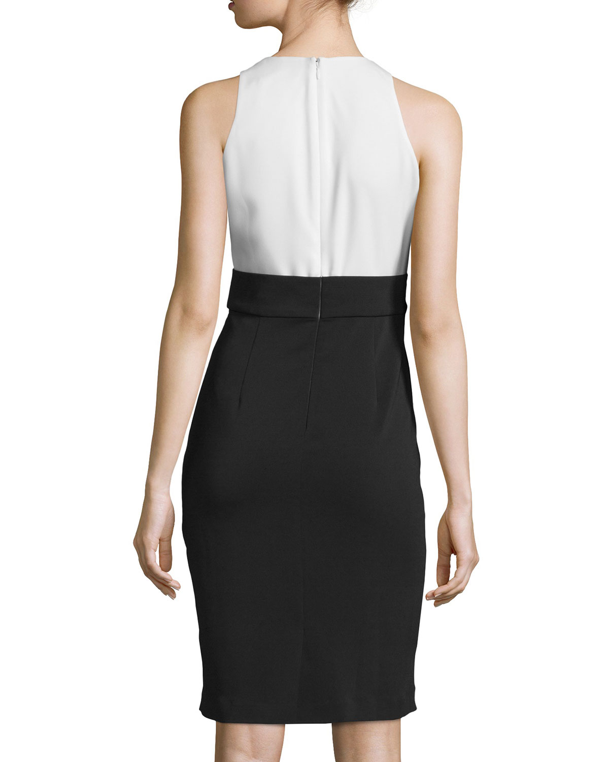 Sleeveless Draped-Front Colorblock Dress, Navy/Ivory