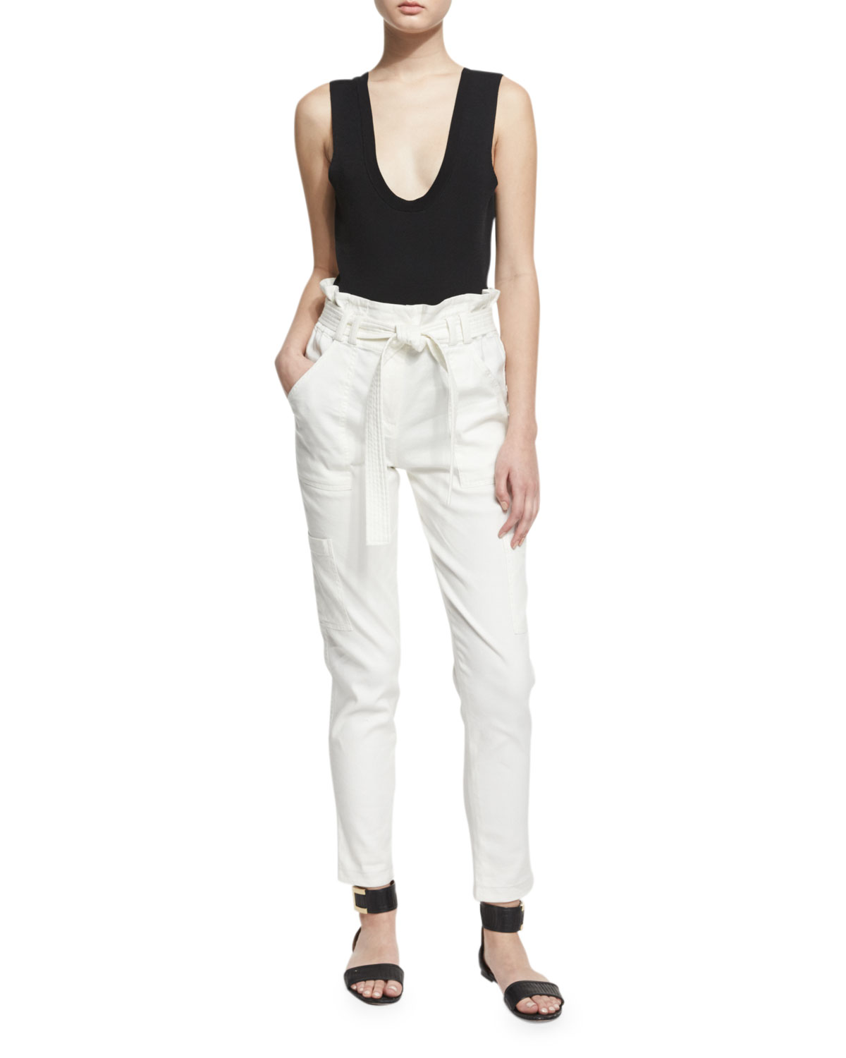 Lee Cropped Paperbag-Waist Pants, White