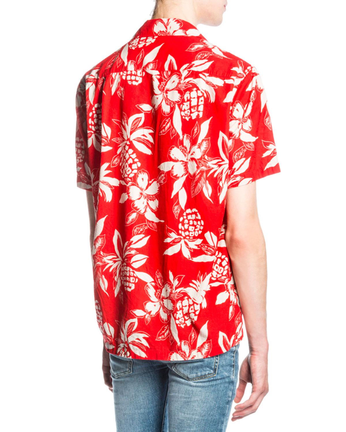 Hibiscus-Print Hawaiian Shirt, Red