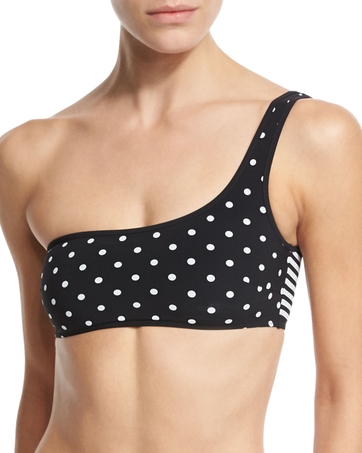 Striped & Polka Dot One-Shoulder Swim Top, Black/White