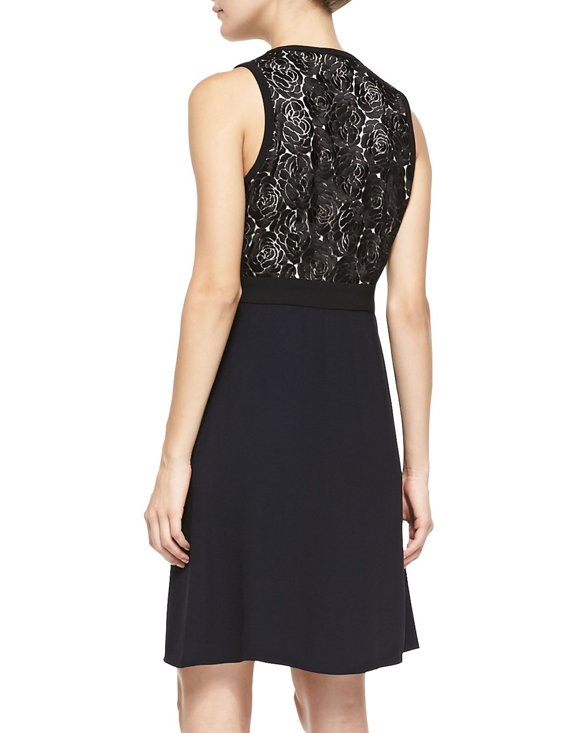 Varney Sleeveless Floral Lace-Bodice Dress, Black