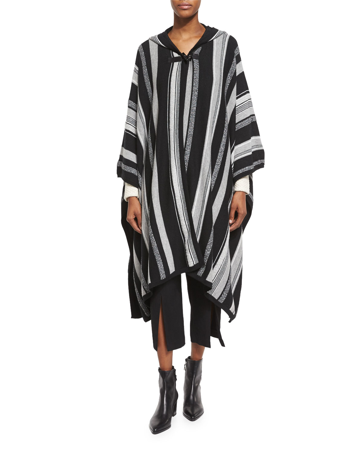 Long-Sleeve Hooded Poncho, Black Stripe