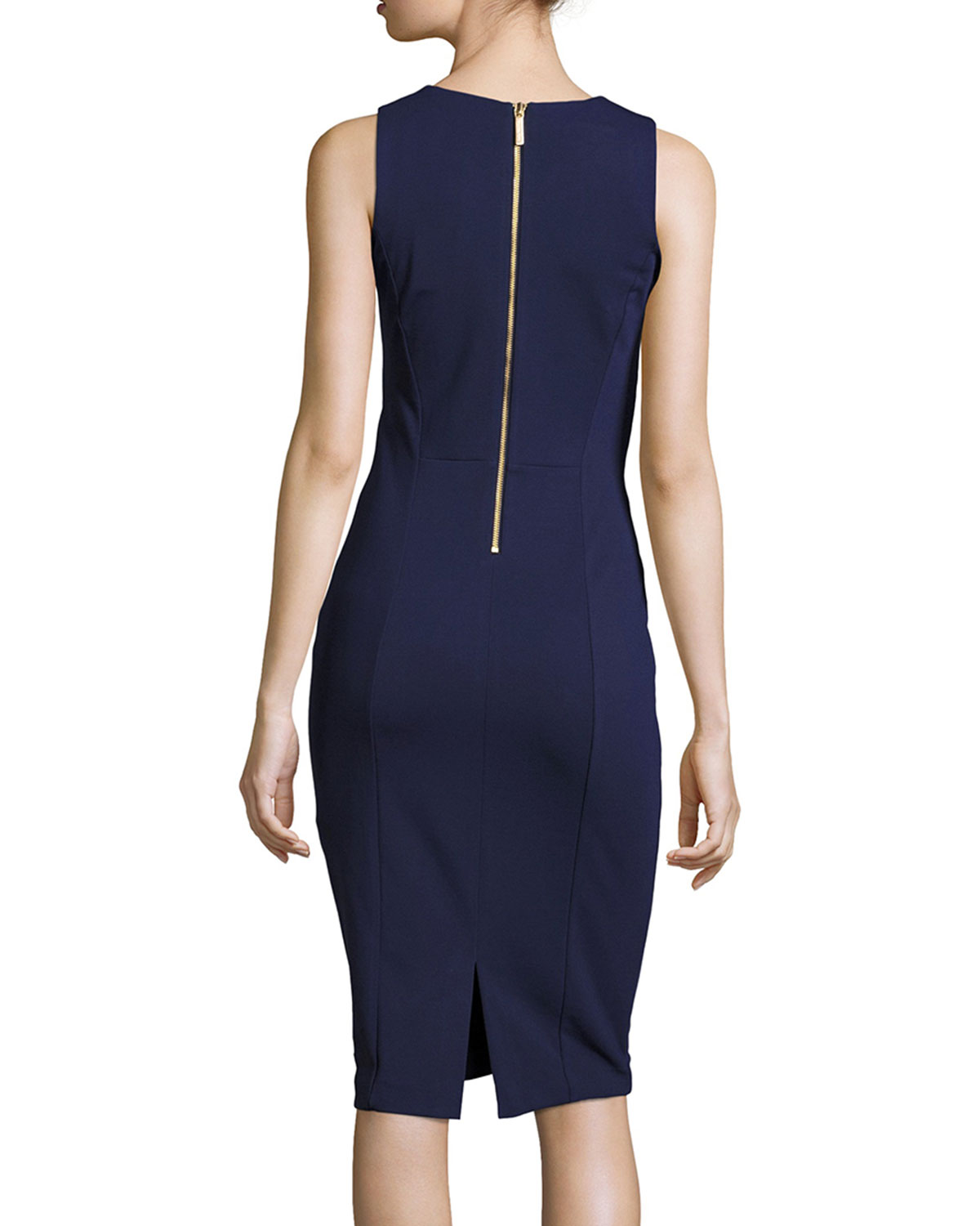 Sleeveless Lace-Up Power Dress, Navy
