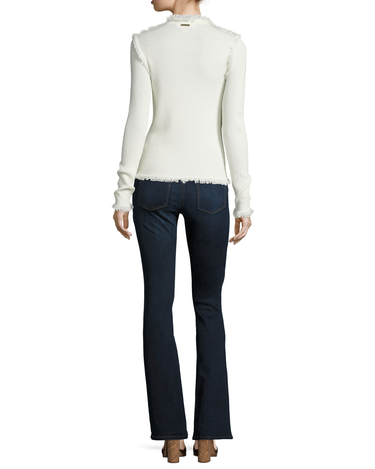 Fringe-Trim Waffle-Knit Sweater, Cream