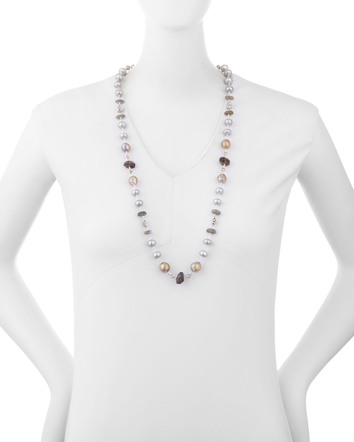 Labradorite, Smoky Quartz & Pearl Necklace, 32"