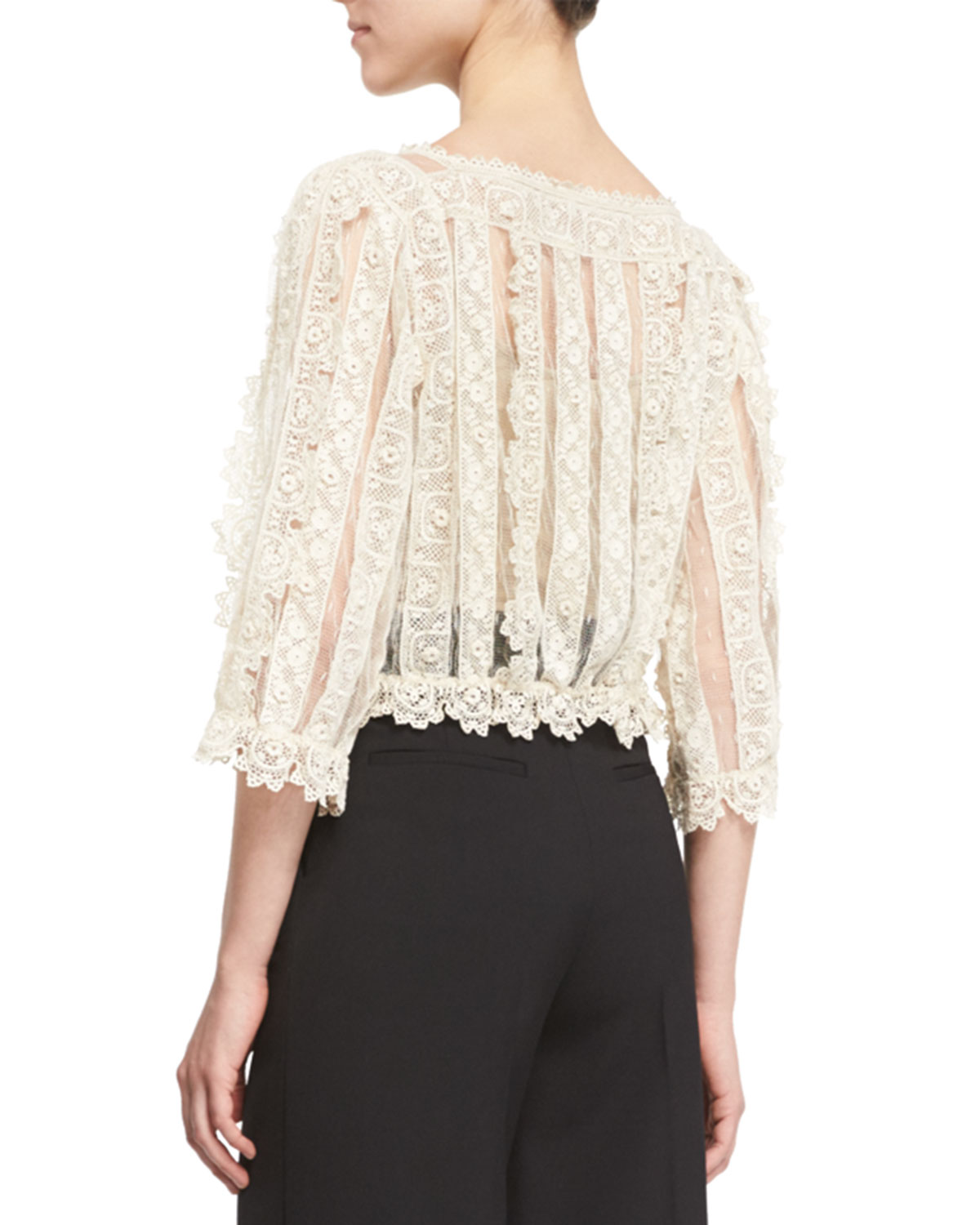 3/4-Sleeve Lace & Macrame Top, Ivory
