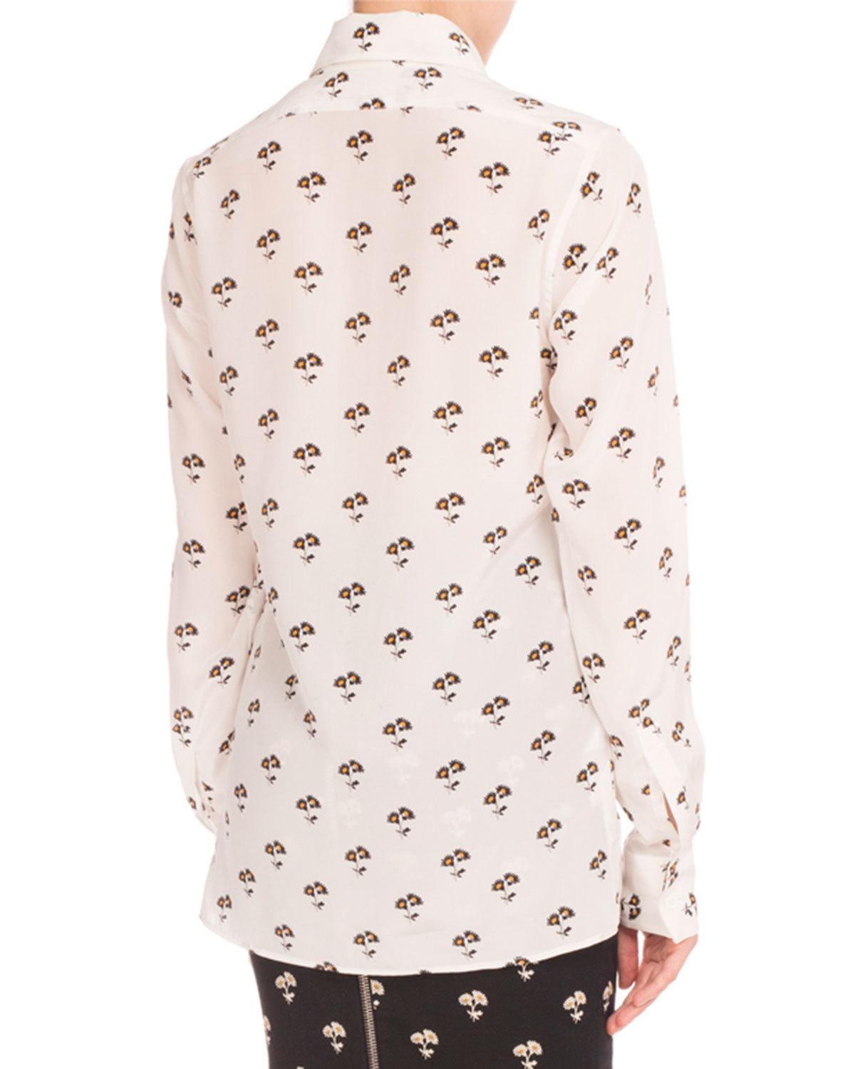 Floral-Print Silk Blouse, White/Black/Orange