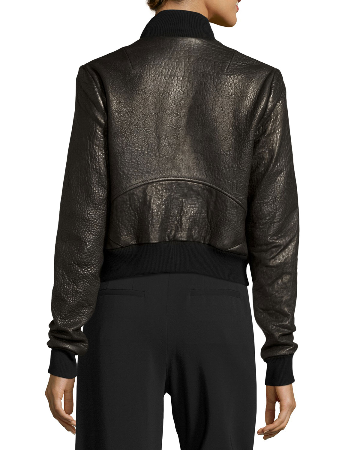 Jordyn Pebbled Leather Zip-Front Jacket, Black