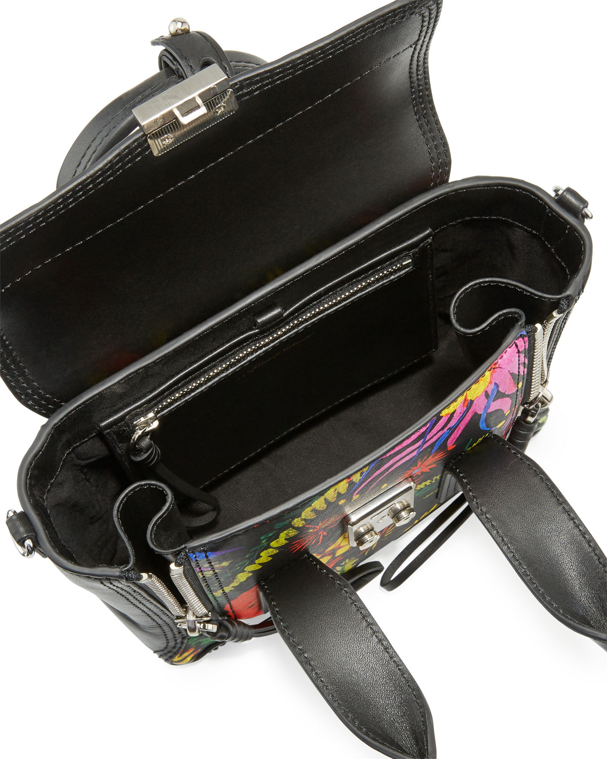 Pashli Mini Floral Leather Satchel Bag, Black/Multi