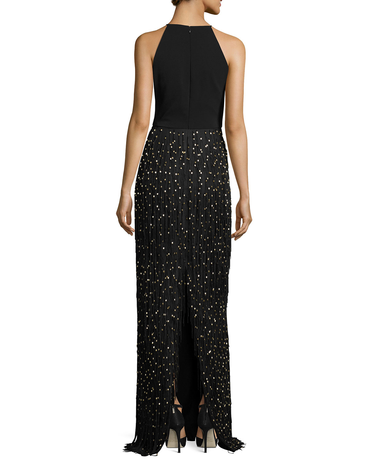 Sleeveless Beaded Fringe Column Gown, Black/Gold