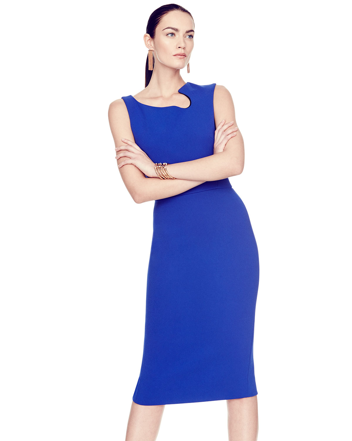 Sleeveless Asymmetric-Neck Sheath Dress, Cobalt