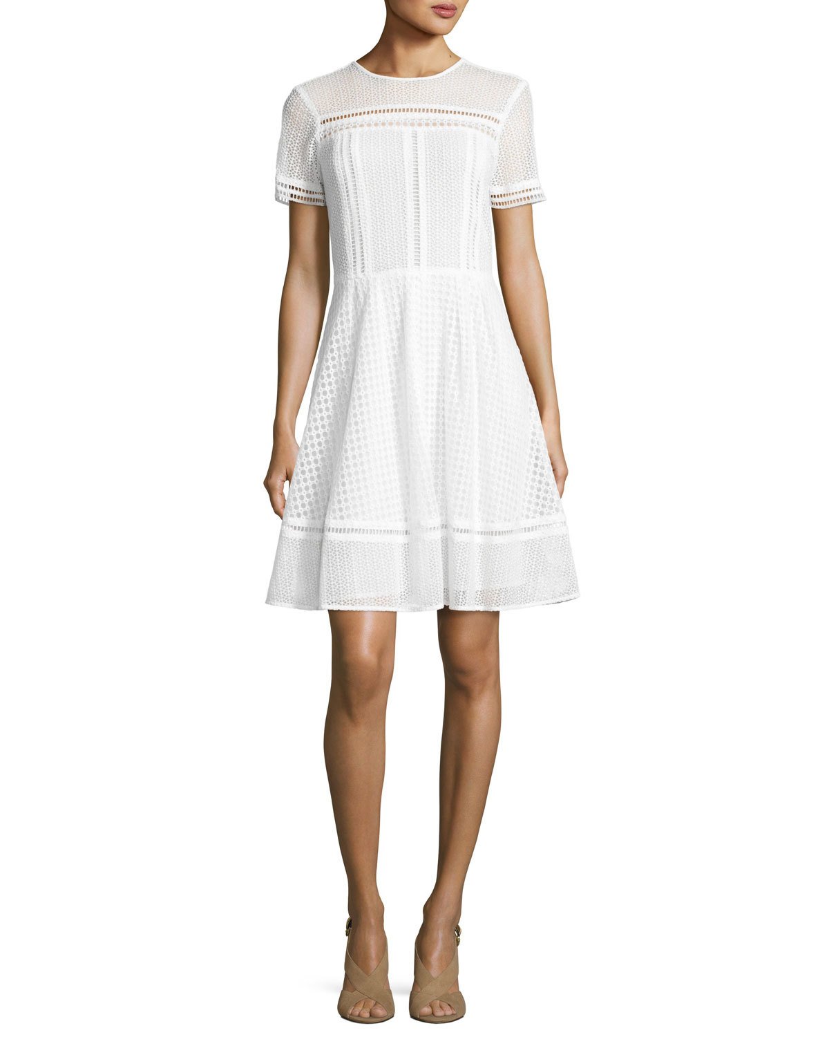 Short-Sleeve Mixed-Eyelet A-Line Dress