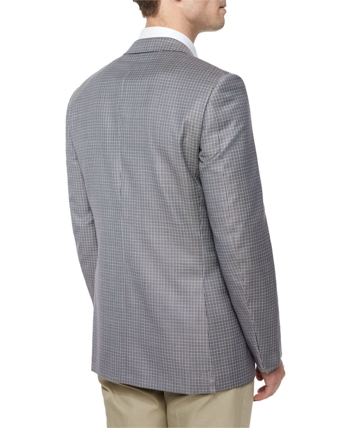 Micro-Check Two-Button Jacket, Tan/Blue