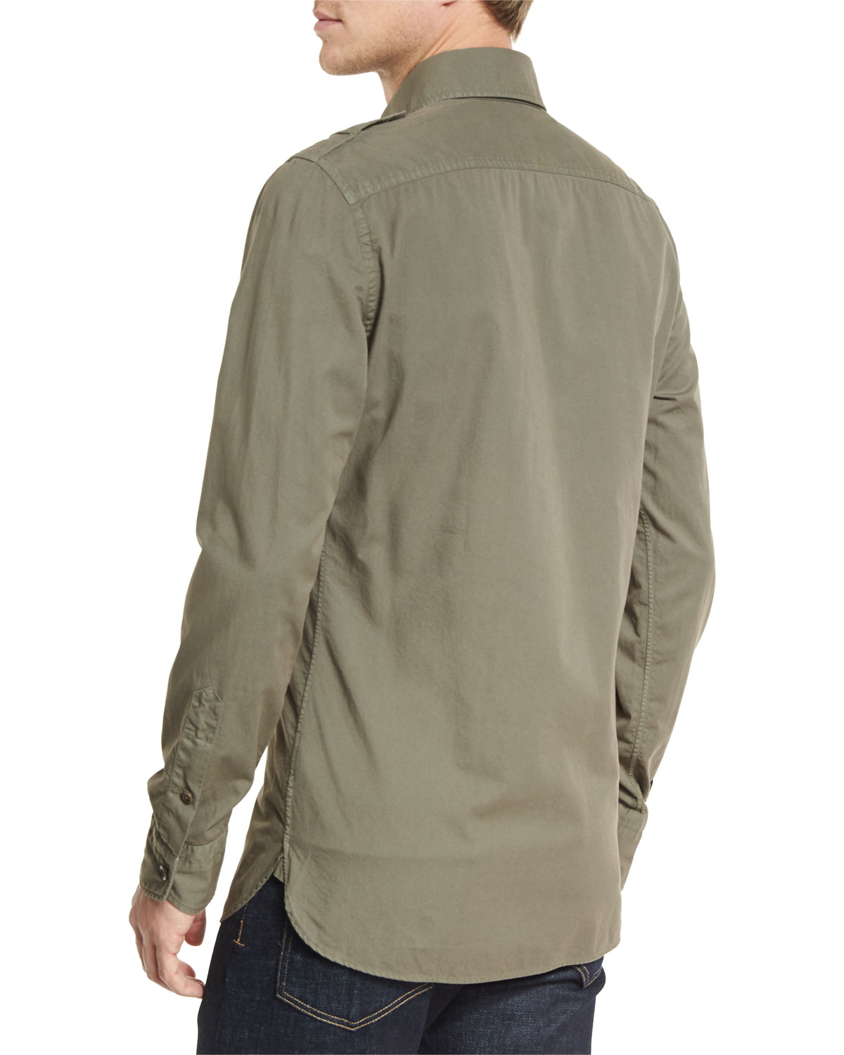 Military-Style Washed Twill Sport Shirt, Olive