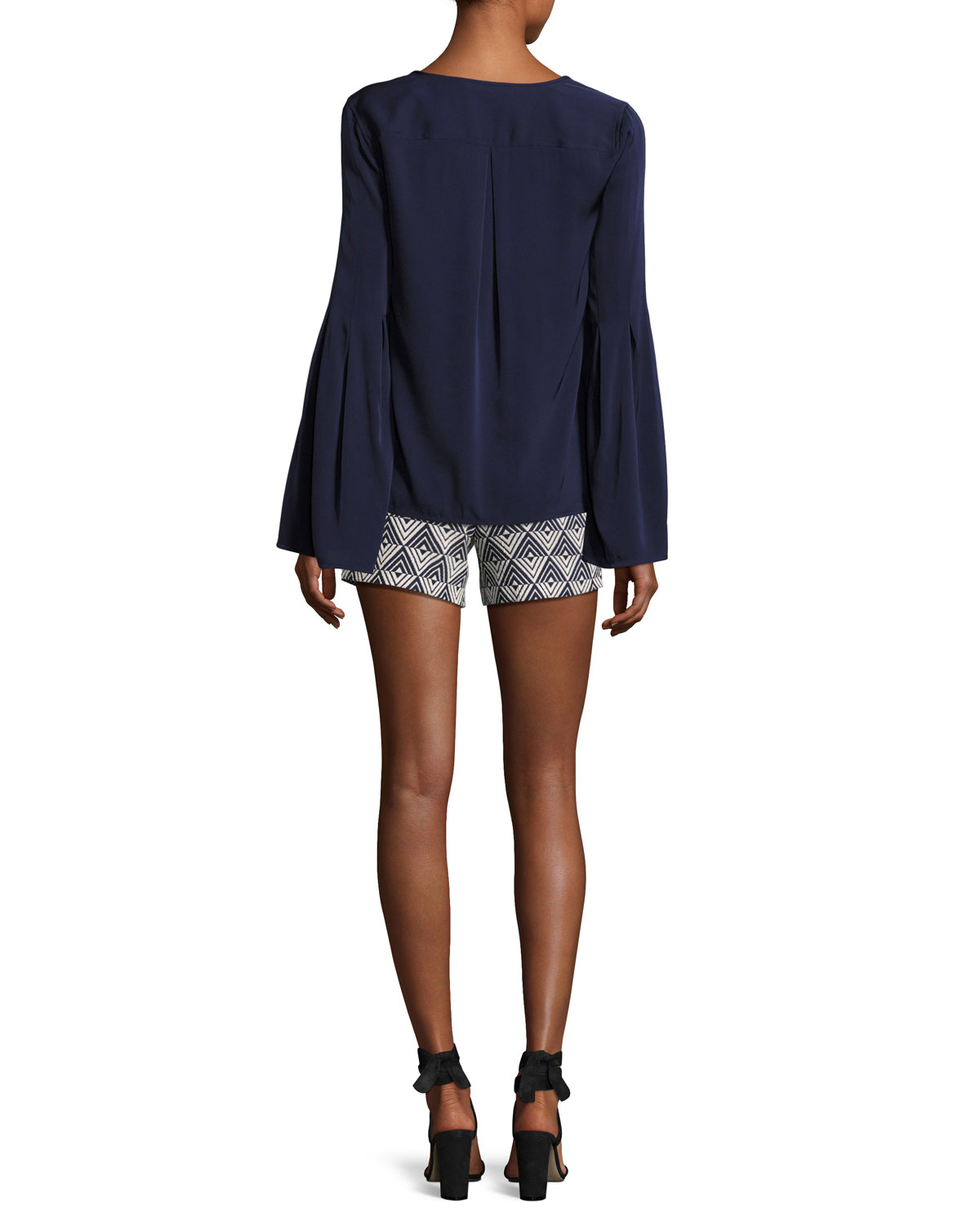 Iolana Bell-Sleeve Stretch Silk Top, Blue