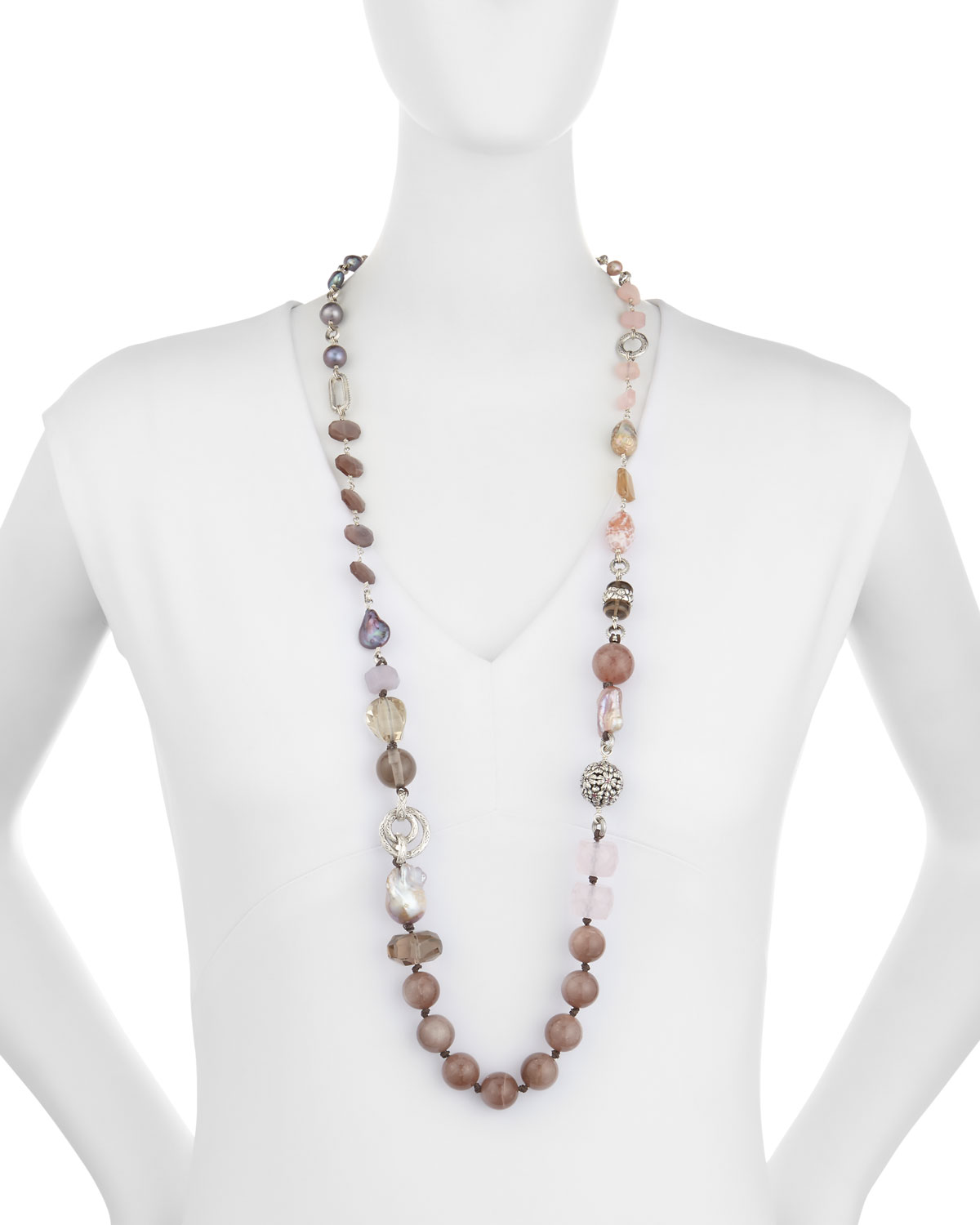 Long Mixed-Stone & Pearl Necklace, 38"