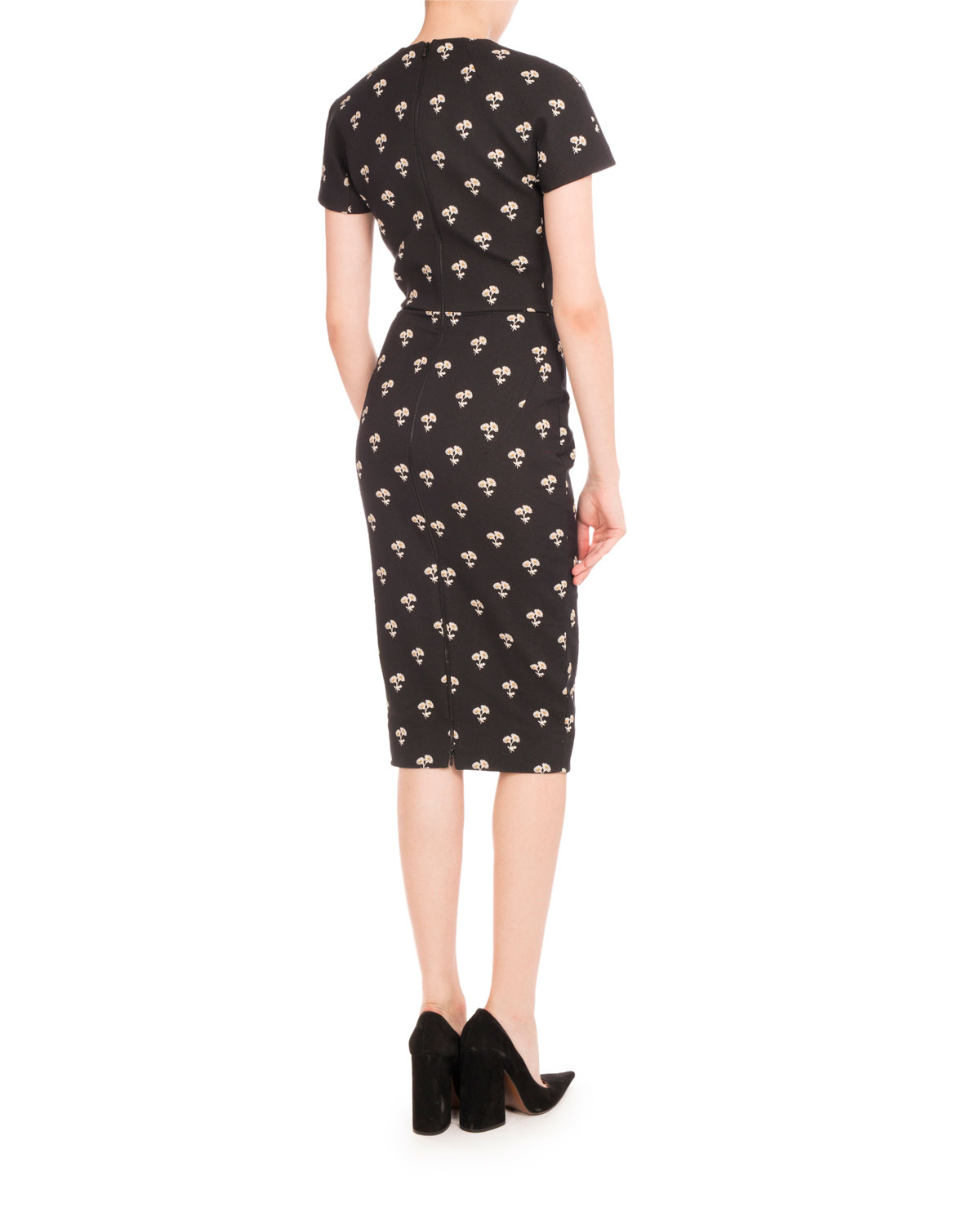 Short-Sleeve Daisy Jacquard Dress, Black Pattern