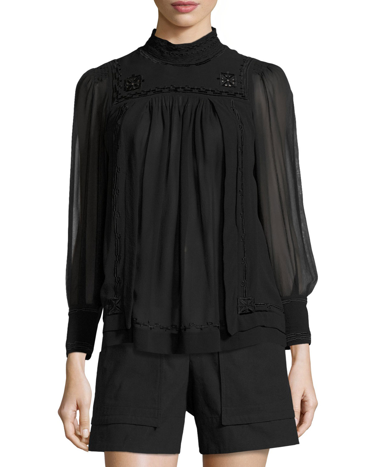 Embroidered Mock-Neck Tunic Blouse, Black