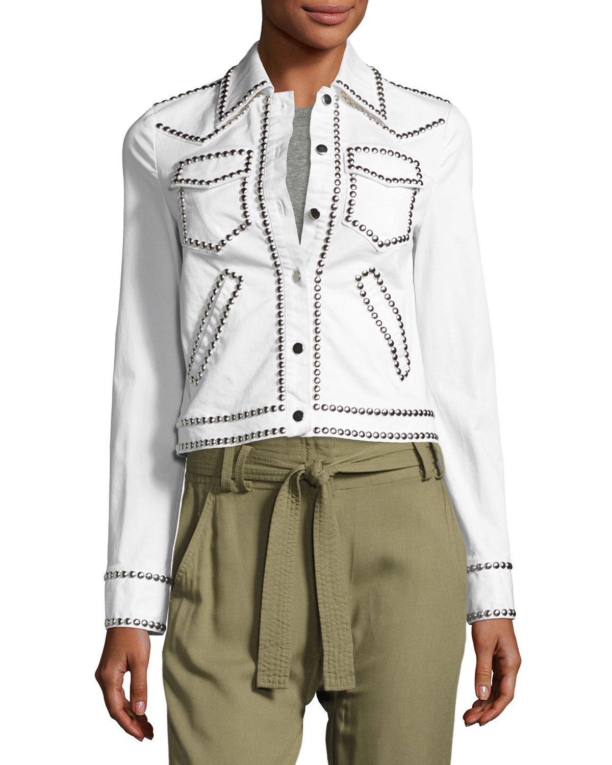 Hayden Studded Stretch Denim Jacket, White