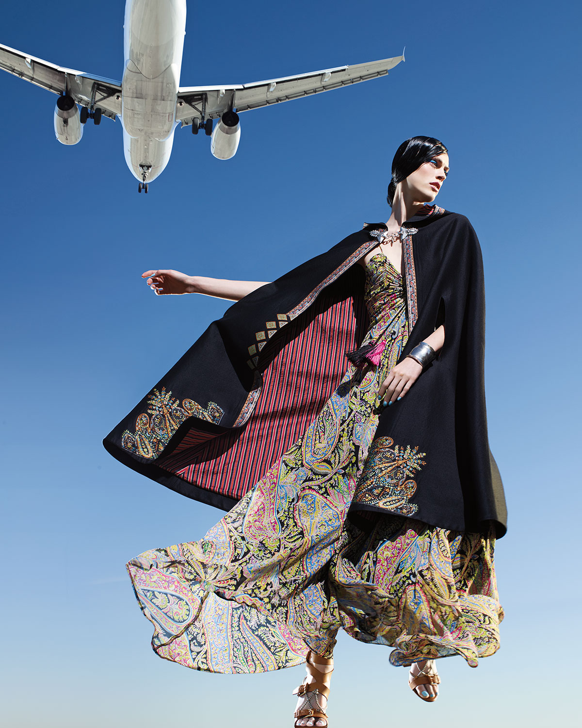 Fleur d'Oranger Sleeveless Printed Gown, Black/Multi