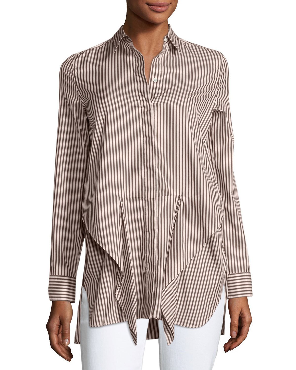 Long-Sleeve Striped Tie-Front Top, Ecru/Brown