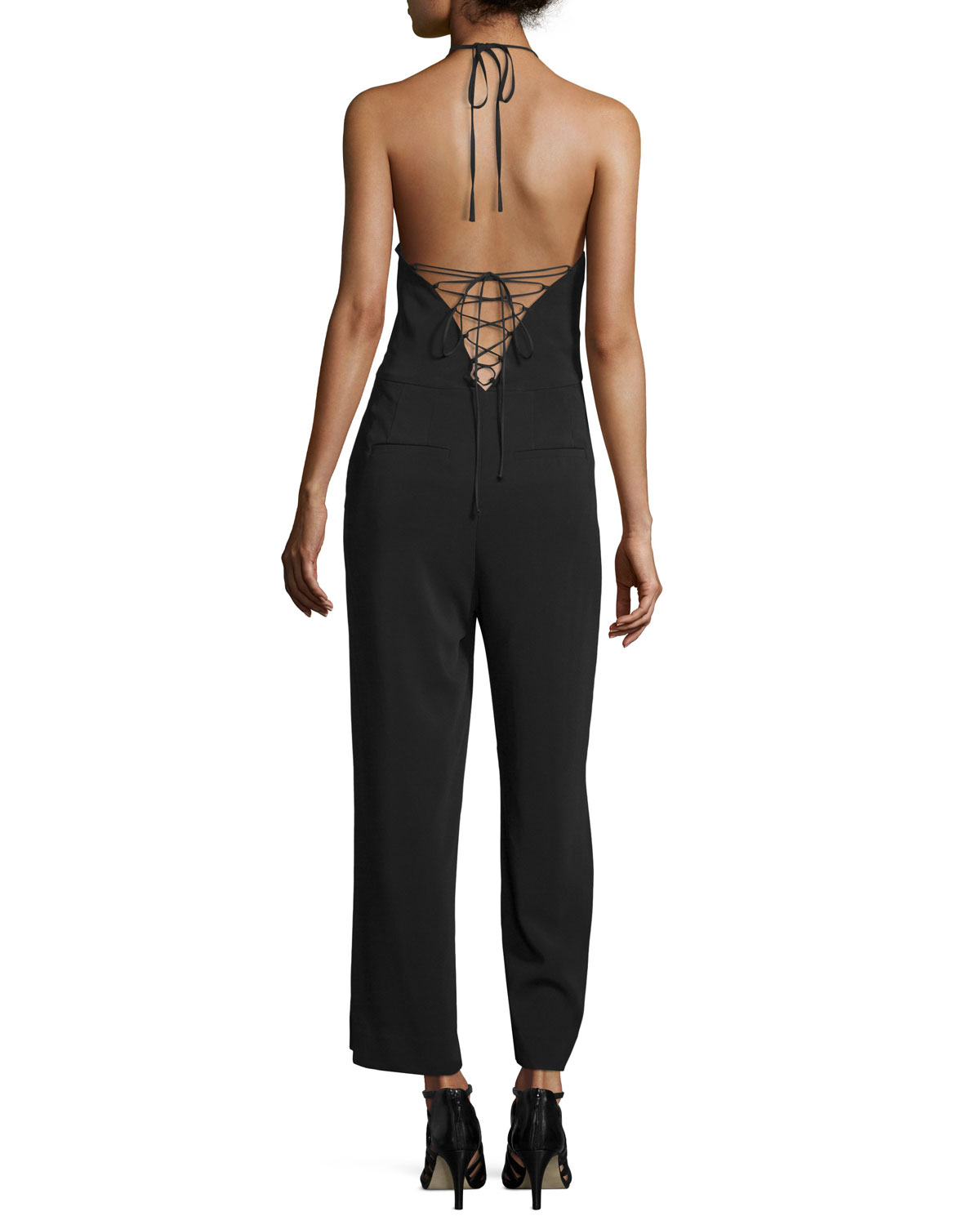 Kate Lace-Back Cropped Halter Jumpsuit, Black