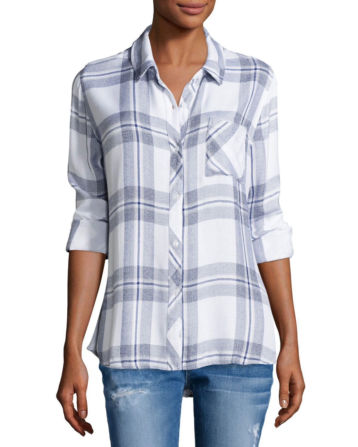 hunter plaid long-sleeve shirt, white/indigo melange