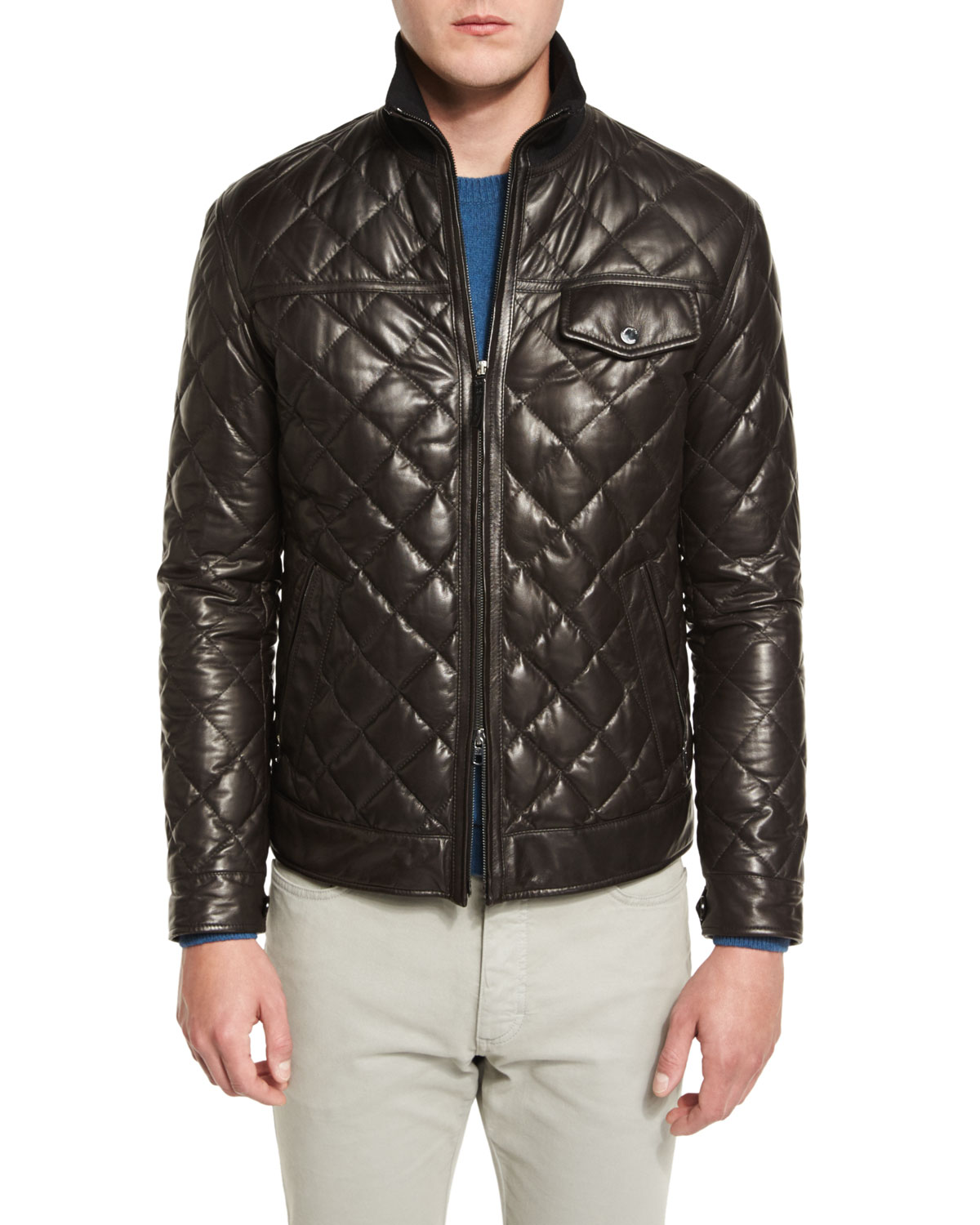 Quilted Leather Down Jacket, Chocolate