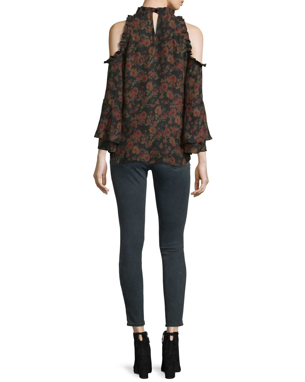 Eloane Floral Silk Cold-Shoulder Blouse, Black/Khaki