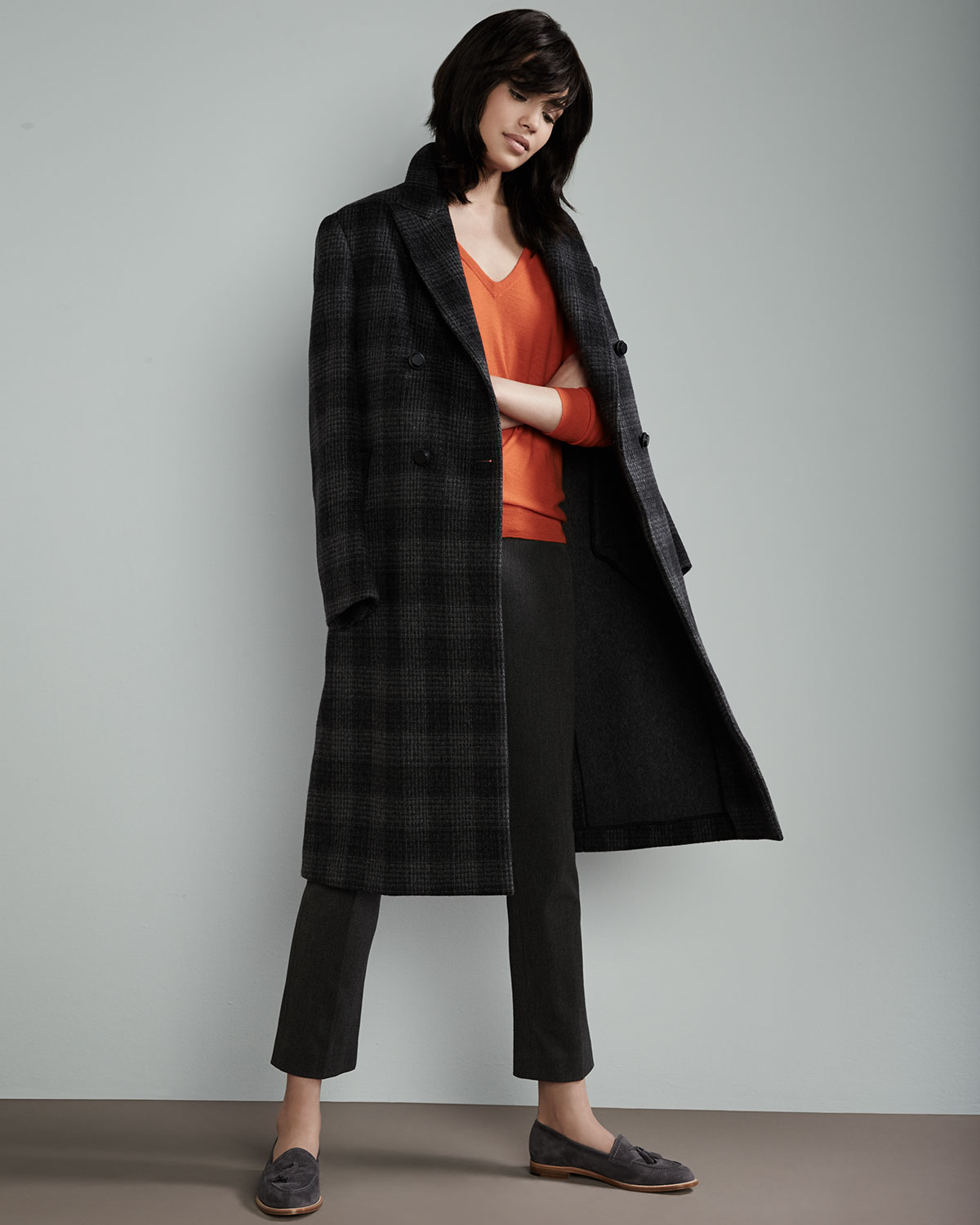 Osborne Plaid Wool-Blend Coat, Coal