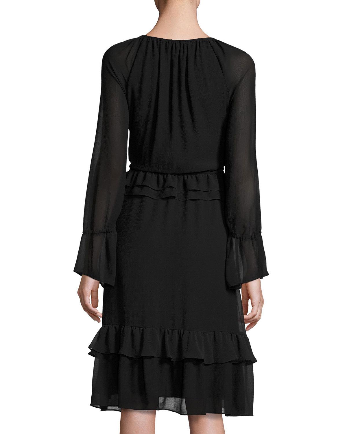 Waverly Long-Sleeve Chiffon Midi Dress, Black