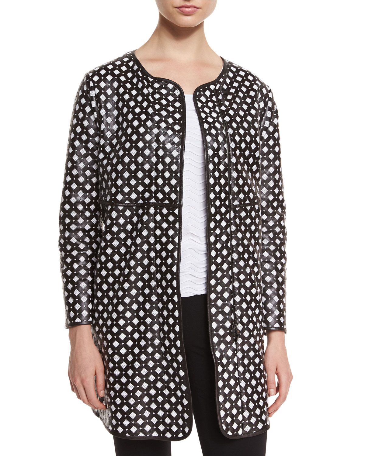 Perforated Leather Coat, Black/White