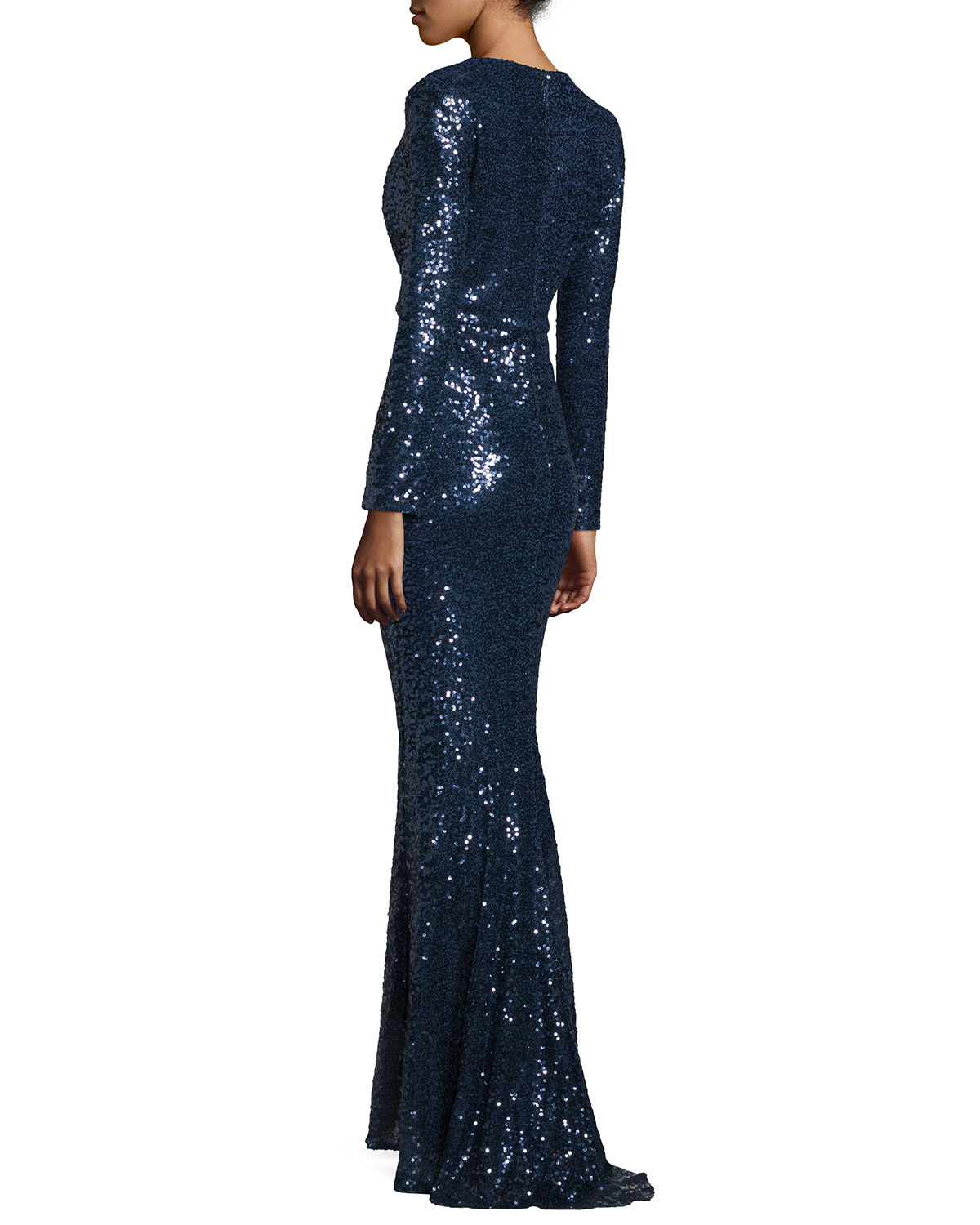 V-Neck Sequined Long-Sleeve Column Gown