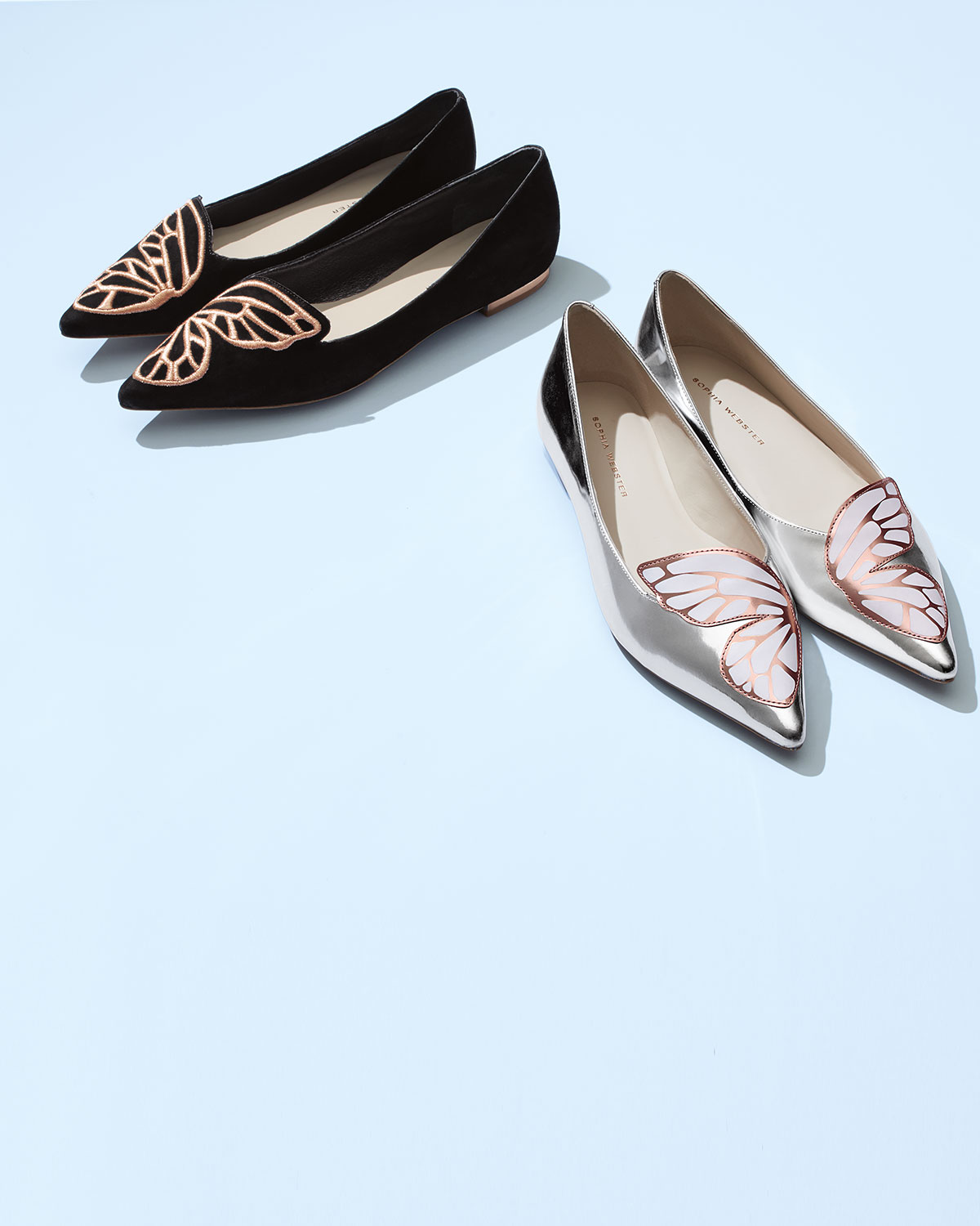 Bibi Butterfly Embroidered Suede Flat, Black/Rose Gold