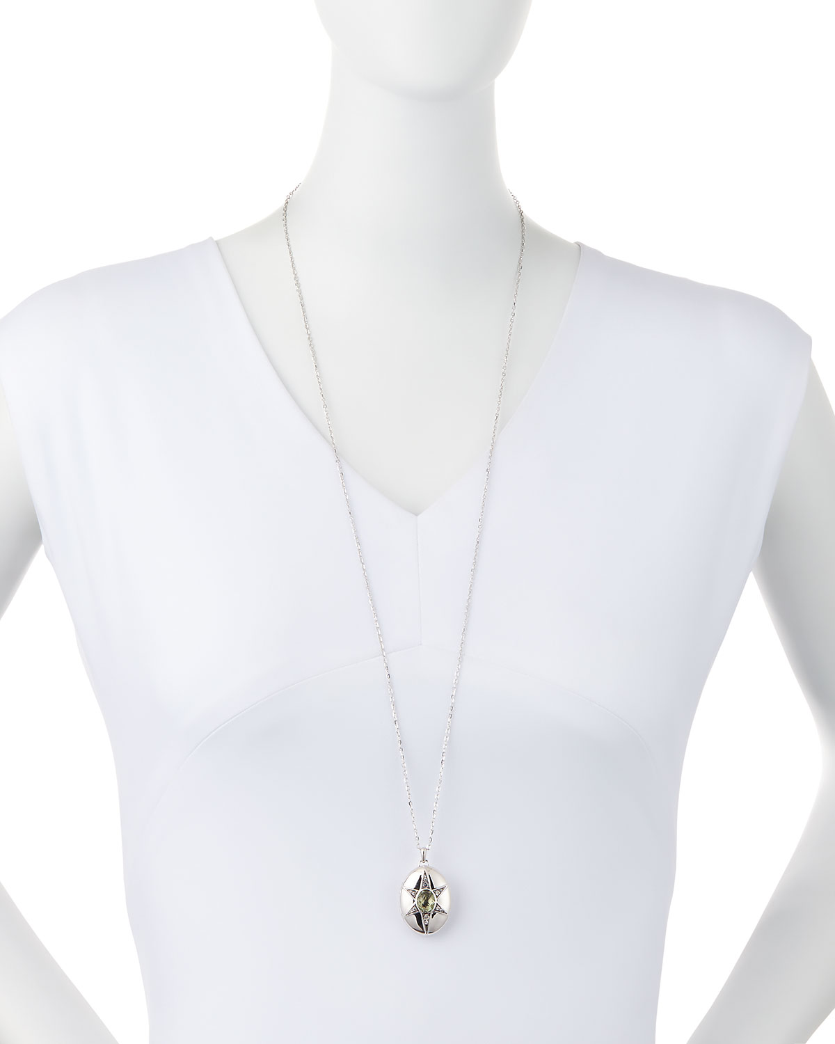 Prasiolite & White Sapphire Locket Necklace, 32"