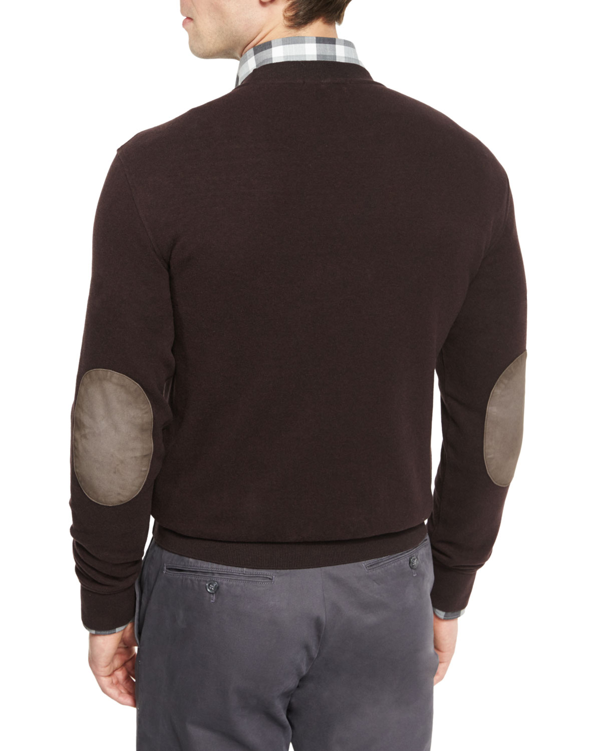 Silk-Blend Crewneck Sweatshirt w/Leather Elbow Patches, Wine