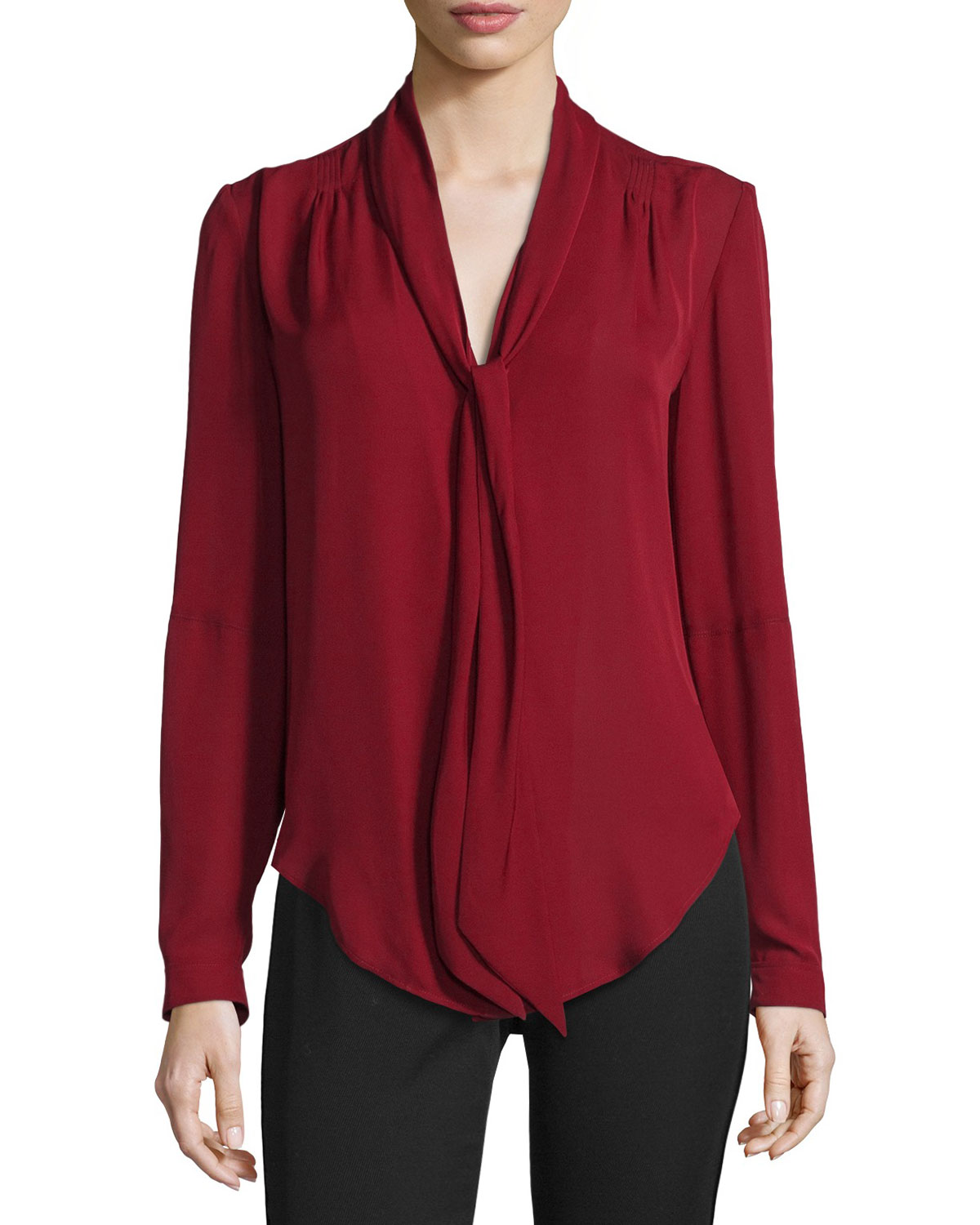 Embroidered-Sleeve Tie-Neck Blouse, Vermillion