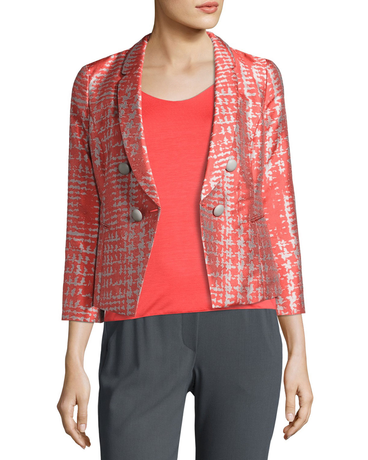 Basketweave Jacquard 3/4-Sleeve Jacket, Coral/Multi