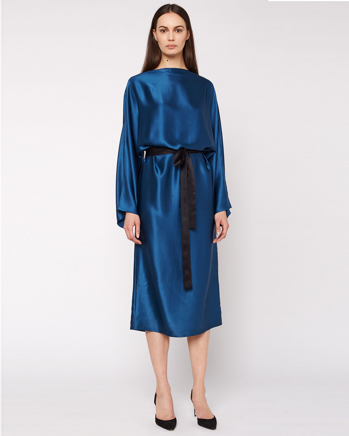 weath satin tie-waist dress, marine blue