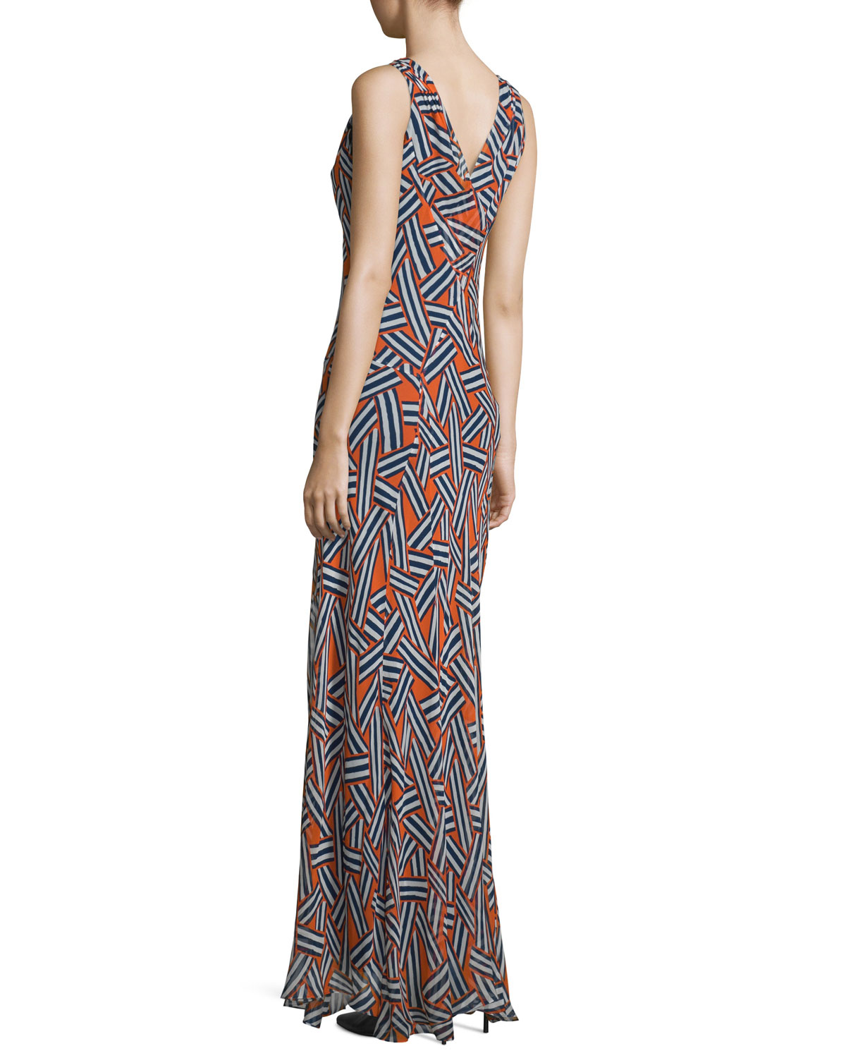 Dita Sleeveless Ribbon Rectangles Silk Gown, Orange