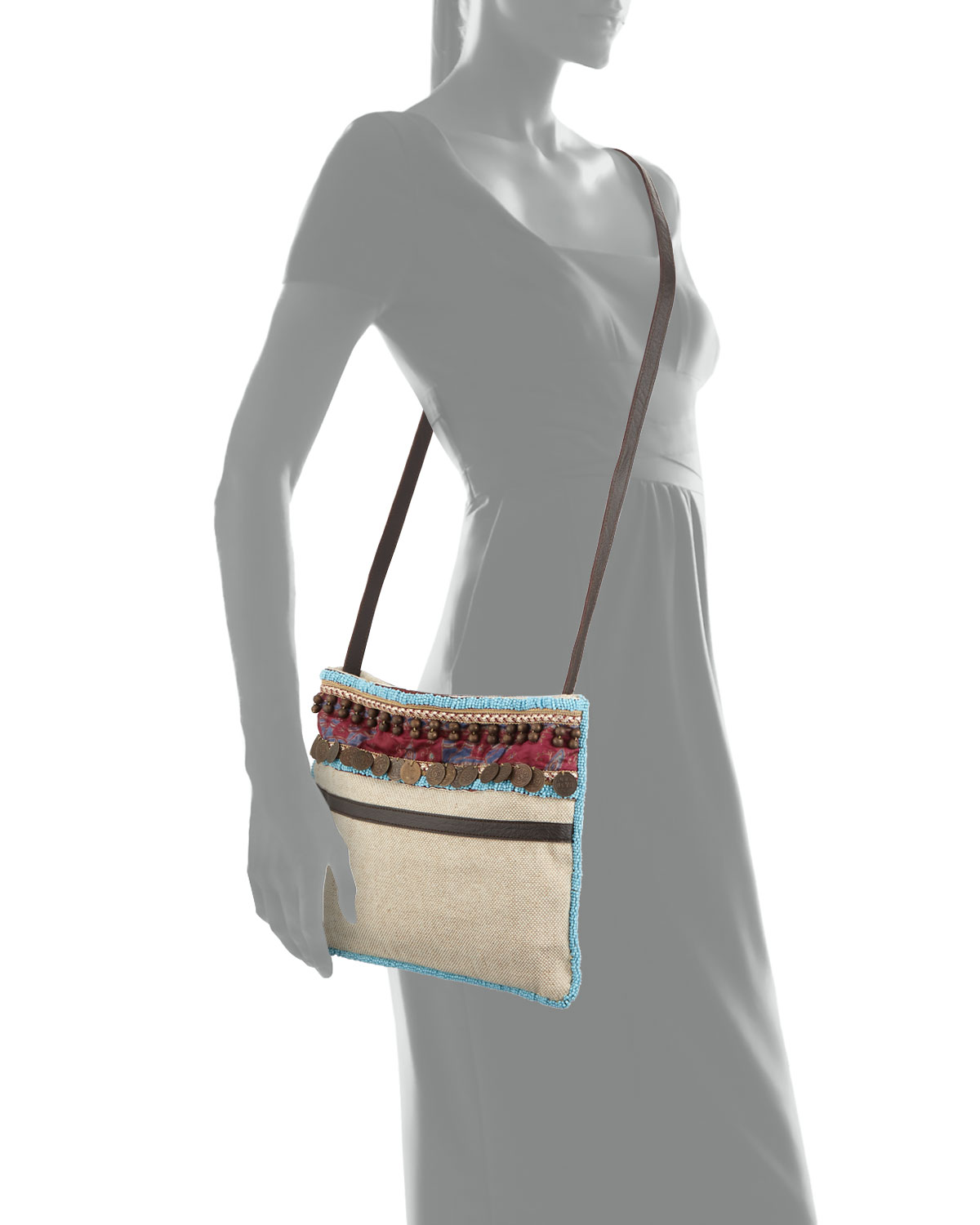 Calista Beaded & Embellished Beach Crossbody Bag, Beige