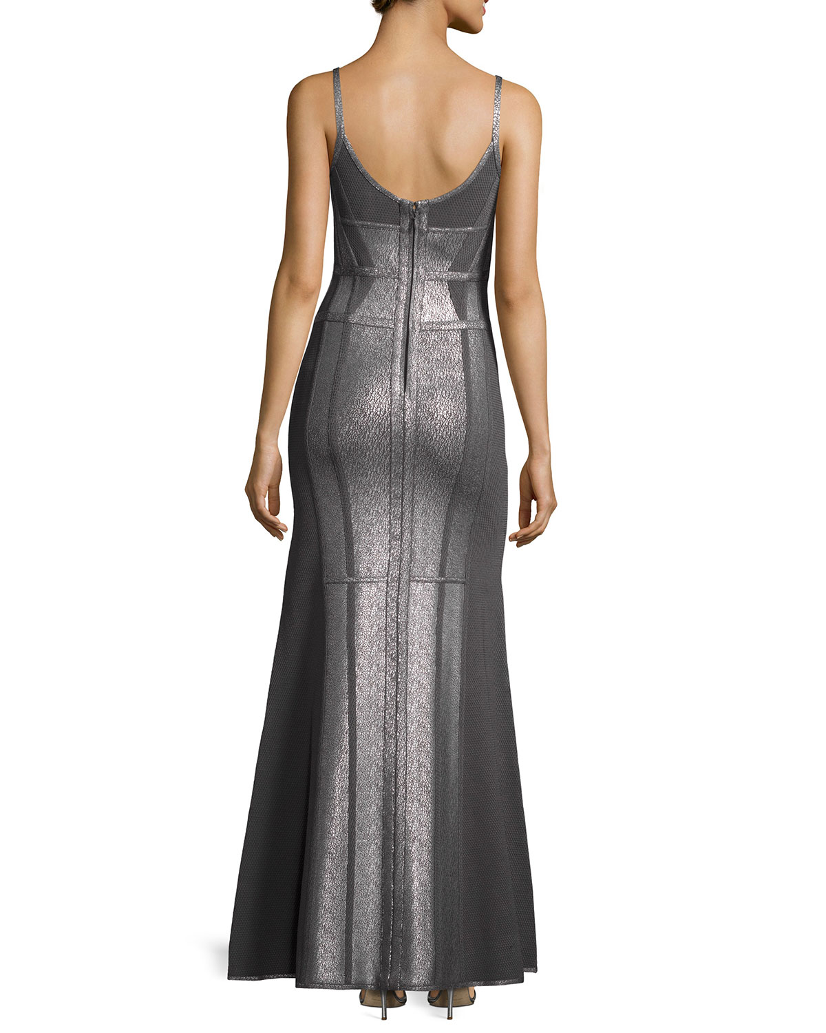 Metallic Foil Sleeveless Ribbon Bandage Gown, Gunmetal