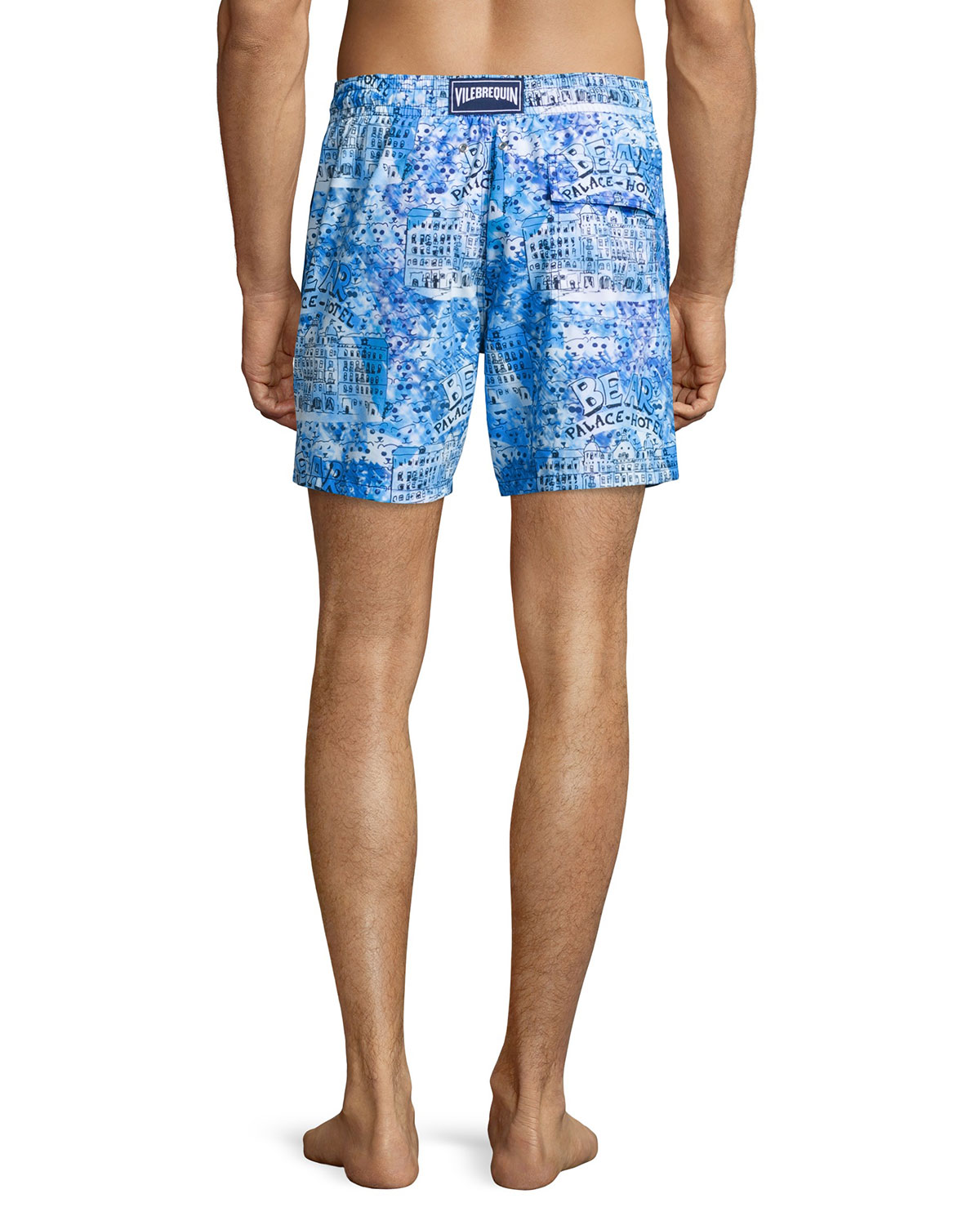 Moorea Hotel-Print Swim Trunks, Blue Pattern
